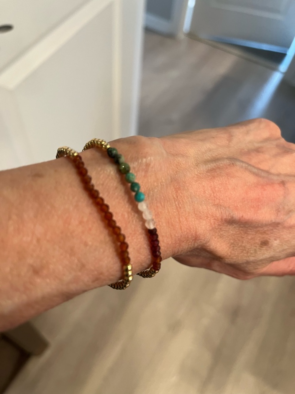 Multi-Color Beaded Stretch Bracelet Set - Green, Amber & Rose gold filled